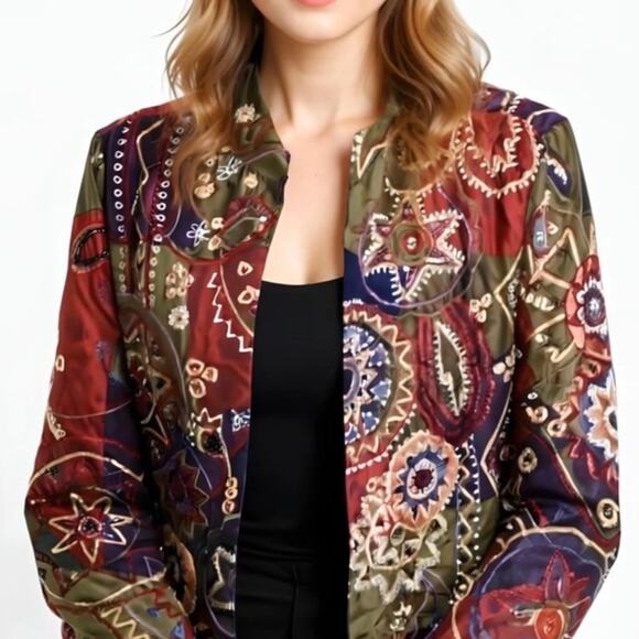CHICO'S Womens Jacket Silk Embroidery Multi-Color Blazer Vtg 90s Size Medium 8 - Picture 1 of 6